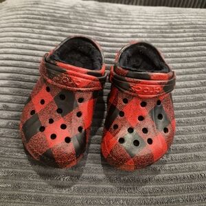 CROCS Kids Red and Black Checkered Slippers